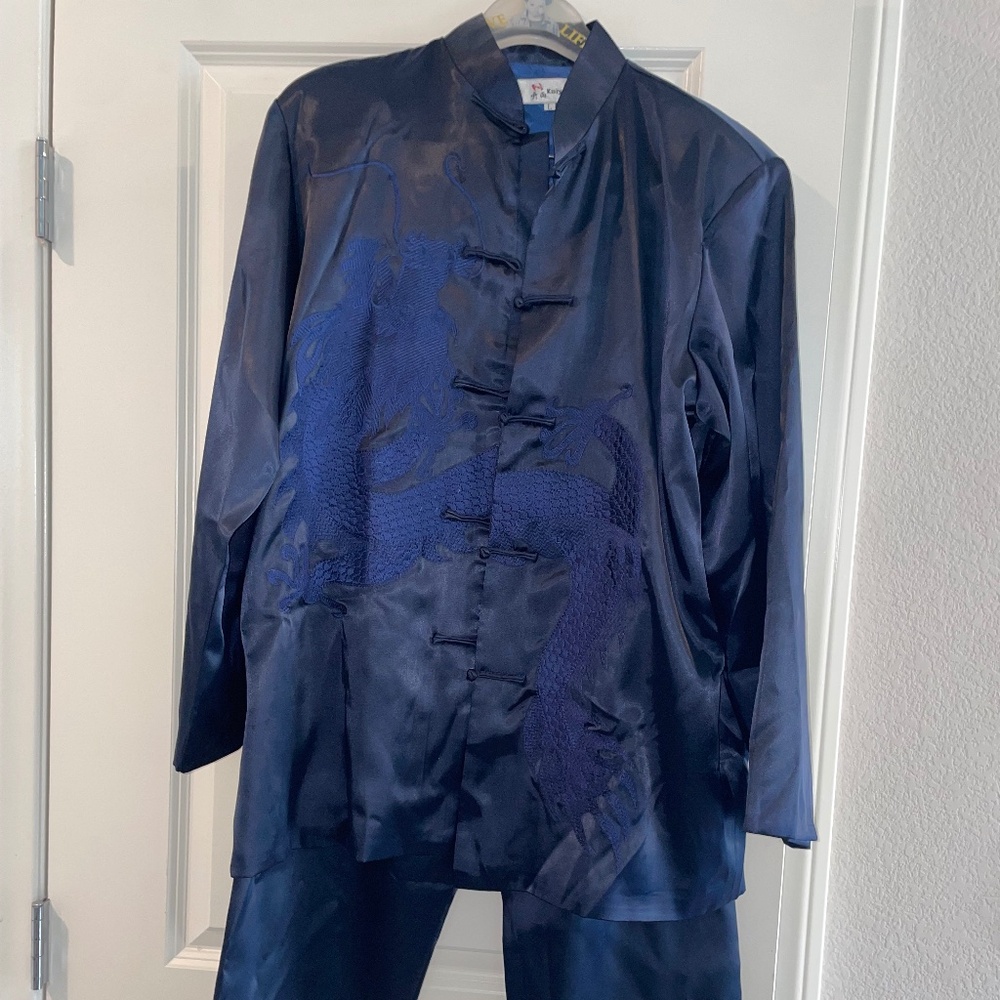 VINTAGE KAIYU Men’s Japanese Blue Set From Japan Navy Dragon Top Pant Set Size L